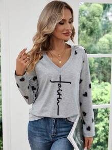 SHEIN LUNE 愛心和字母圖案插肩袖T恤 - 淺灰色 - 查看 4