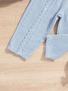 蕾絲拼接 荷葉邊水果蔬菜圖案嬰童（女）牛仔 - 淺色水洗藍 - 查看 6