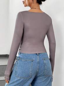 SHEIN EZwear تي شيرت بطباعة قمر ياقة مفتوح - رمادي - مشاهدة 2