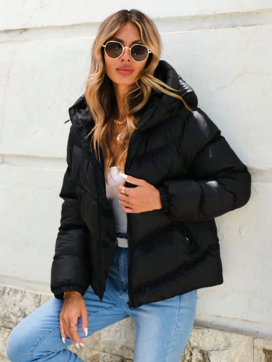 EURMUSE Zip Up Hooded Puffer Coat - Black - View 1