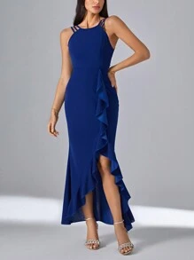 SHEIN Unity Vestido ribete con fruncido bajo asimétrico - azul real - Ver 4