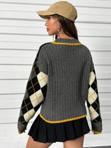 SHEIN Qutie Họa tiết Argyle Thả vai Áo len - Màu xám đen - Xem 2