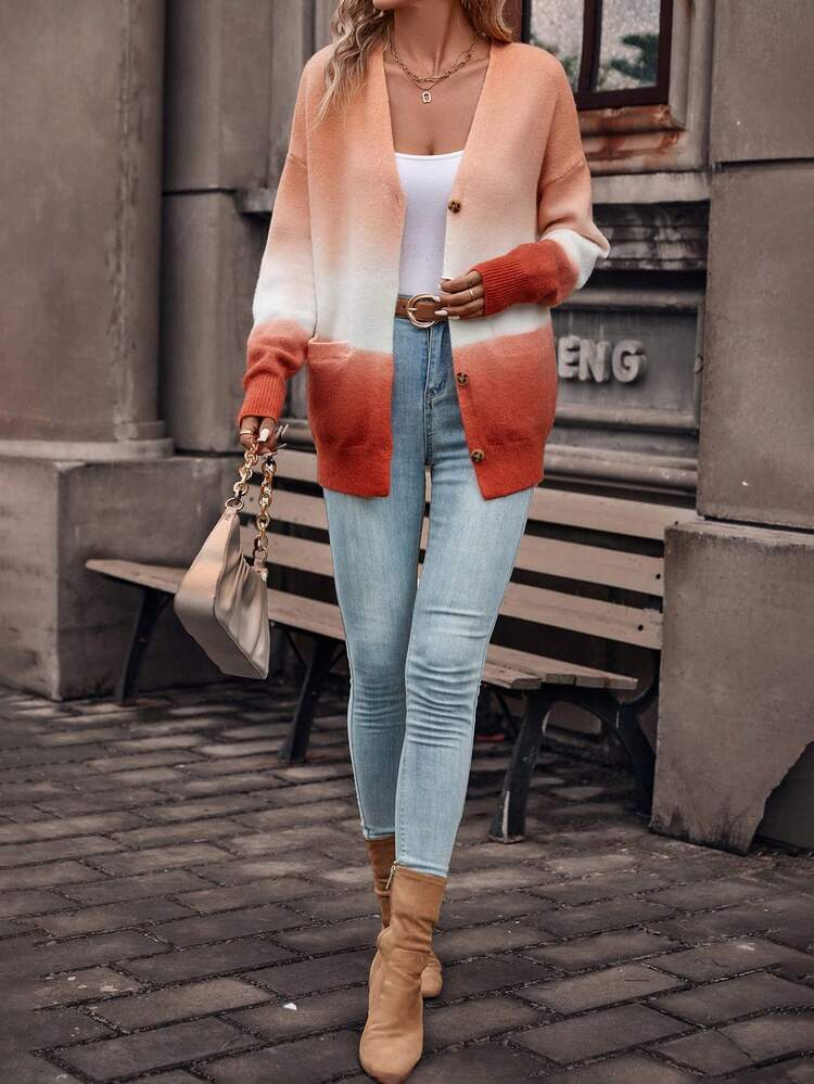 Ombre Drop Shoulder Button Front Cardigan