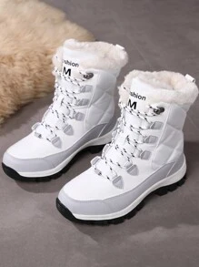 Women's White Fabric & Leather Splice Outdoor High-Top Snow Boots, With Thick Thermal Lined And Non-Slip Sole, All-Match Style - White - View 5