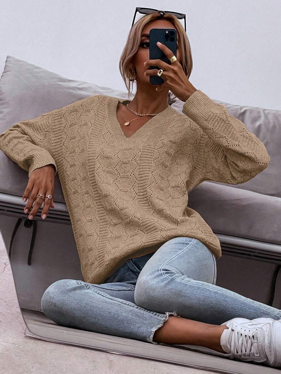 SHEIN LUNE 落肩镂空针织套头衫秋冬毛衣 - 棕色 - 查看 1