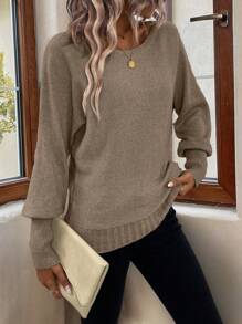 SHEIN LUNE Solid Batwing Sleeve Sweater - Brown - View 3