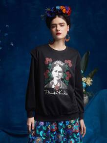 Frida Kahlo X SHEIN Sudadera con estampado floral con figura de hombros caídos - Negro - Ver 6