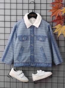 SHEIN Young Boy Borg Collar Denim-Effect Print Jacket Without Hoodie - Blue - View 3