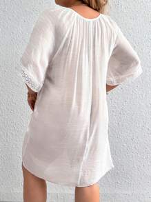 Breezaya Hơn Ren tương phản Tua Tie cổ Tay Raglan Đầm - trắng - Xem 2