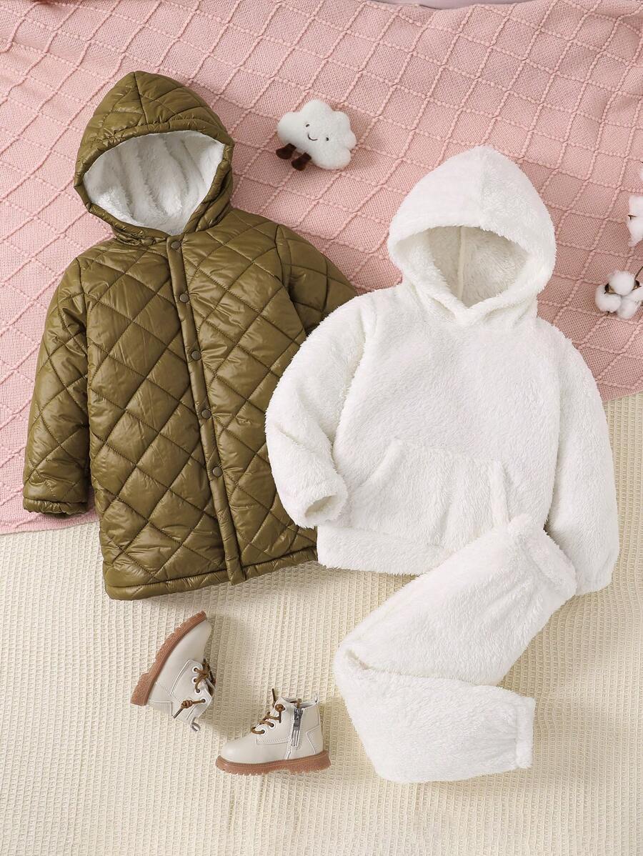 SHEIN 女小童前紐扣加絨內裏連帽外套&連帽衫和褲子 - 軍綠色 - 查看 1