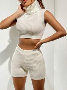 SHEIN Unity 高領短款毛衣背心&針織短褲&開襟衫 - 白色 - 查看 4