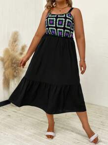 SHEIN LUNE Plus Geo Print Ruffle Hem Cami Dress - Black - View 4