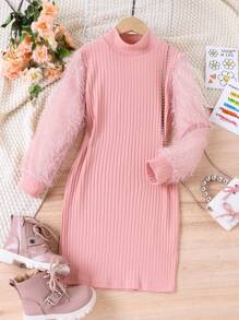 SHEIN 女大童拼接毛茸茸袖小高領T恤連衣裙 - 粉色 - 查看 1