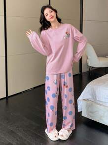 DAZY Set homewear con estampado de dibujos animados y letra de hombros caídos - Rosa - Ver 3