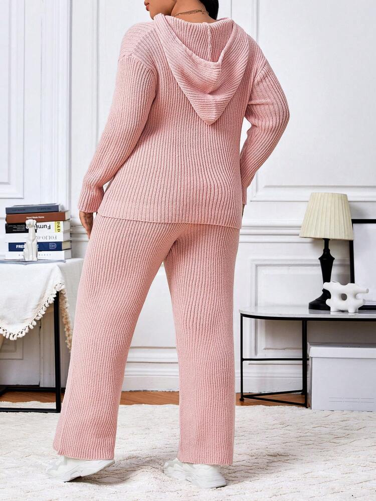 Plus Drop Shoulder Hooded Sweater & Drawstring Waist Knit Pants