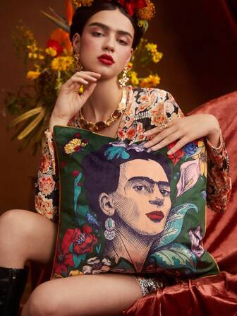 Frida Kahlo X SHEIN Mujer Funda para almohada con con patrón de flor verde