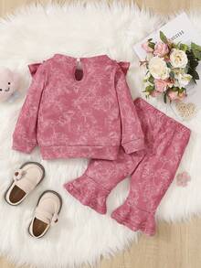 女嬰印花荷葉邊運動衫&喇叭褲 - 酒紅色 - 查看 2