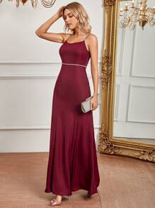 SHEIN Belle 水鑽細節魚尾裙下擺伴娘洋裝 - 紅色 - 查看 5