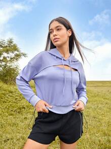 Easithlete Cut Out Front Drop Shoulder Drawstring Hooded Sports Sweatshirt - Purple - View 1