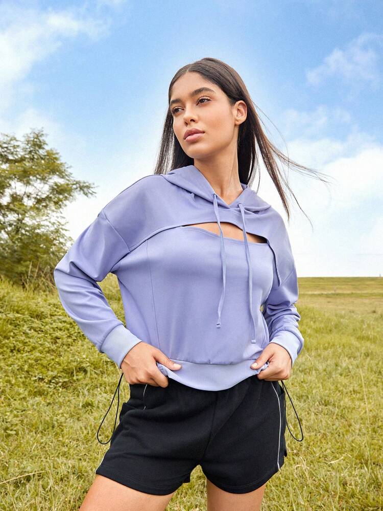 Cut Out Front Drop Shoulder Drawstring Hooded Sports Sweatshirt