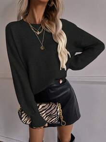 SHEIN Frenchy 素色落肩袖套頭毛衣 - 黑色 - 查看 6