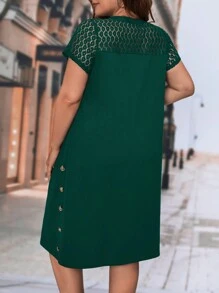 SHEIN Clasi Plus Contrast Lace Button Detail Dress - Dark Green - View 3
