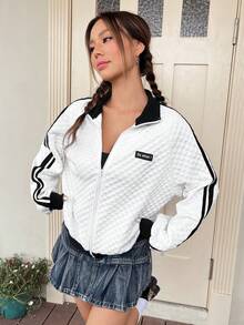 SHEIN EZwear Chi tiết Patched thư Tương phản Đường may bên Thả vai Áo khoác - Đen và trắng - Xem 6