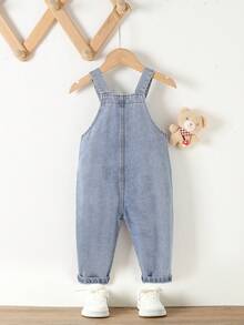 女嬰小熊印花翻蓋口袋牛仔背帶褲 - 淺色水洗藍 - 查看 2