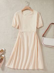 SHEIN LUNE Solid Puff Sleeve A-line Dress - Apricot - View 1