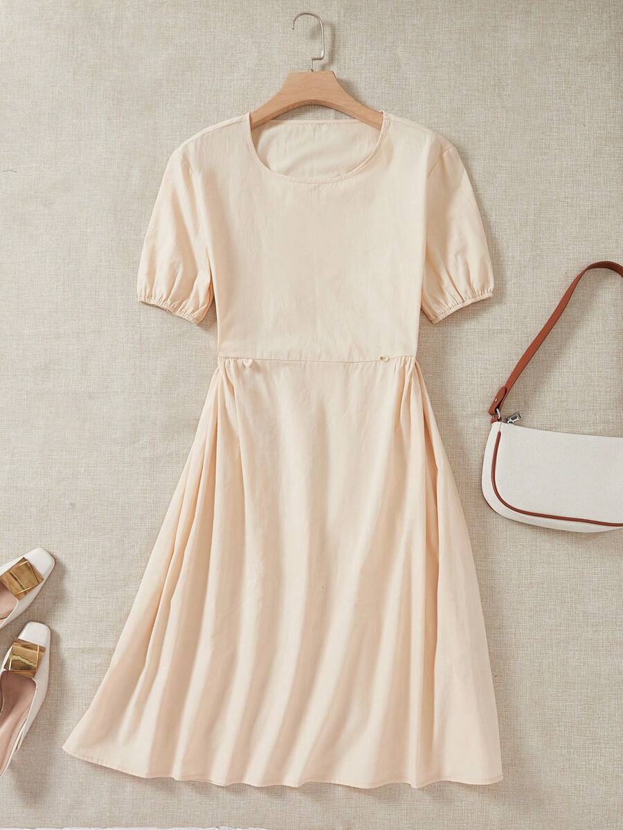SHEIN LUNE Solid Puff Sleeve A-line Dress - Apricot - View 1