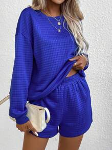 SHEIN LUNE Shorts con sudadera unicolor de hombros caídos - Azul - Ver 4