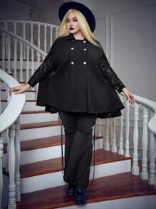 Flirla Plus Contrast Mesh Double Breasted Cape Overcoat - Black - View 7