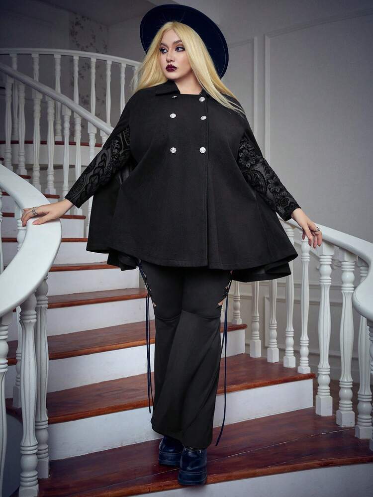 Plus Contrast Mesh Double Breasted Cape Overcoat