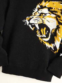 SHEIN Young Boy Lion Pattern Contrast Collar Sweater Without Shirt - Black - View 5