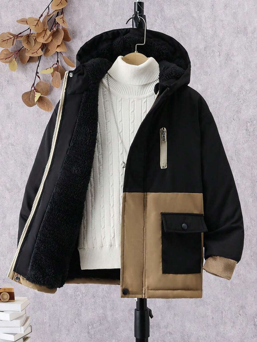 SHEIN Tween Boy 1pc Colorblock Flap Pocket Zipper Hooded Thermal Lined Jacket - Black - View 1