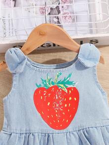 蕾絲拼接 荷葉邊水果蔬菜圖案嬰童（女）牛仔 - 淺色水洗藍 - 查看 7