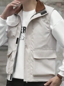 Manfinity Hypemode Men 1pc Flap Pocket Vest Coat - Khaki - View 3