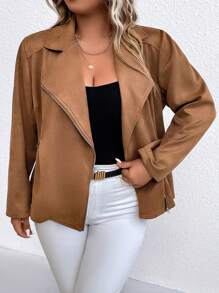 SHEIN Unity Plus Lapel Neck Zip Up Jacket - Khaki - View 6