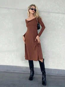 SHEIN Essnce Vestido unicolor ribete en forma de lechuga girante delantero - Marrón Chocolate - Ver 3