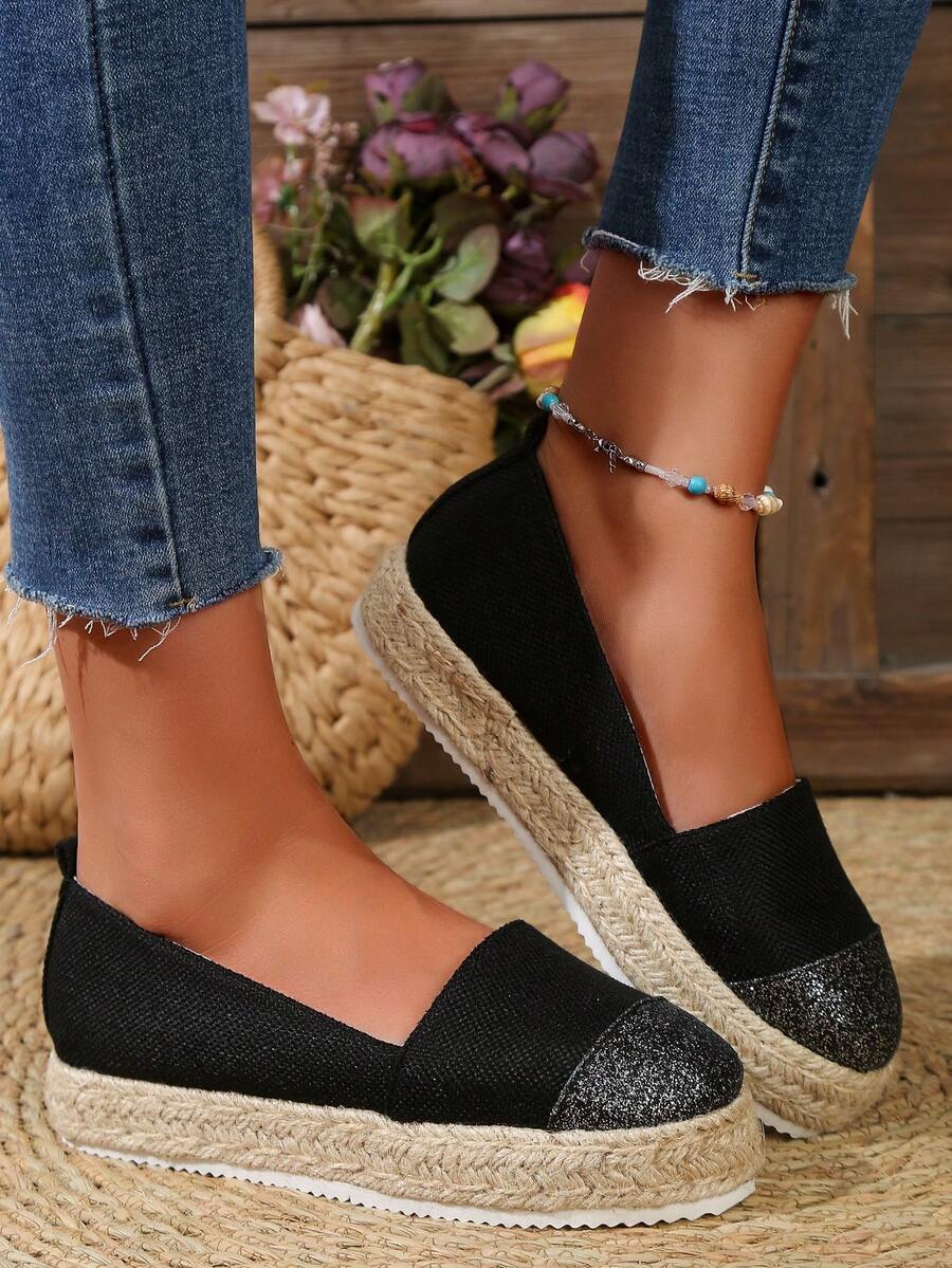 Zapatos planos para mujeres con yute cuerda detallando - Negro - Ver 1
