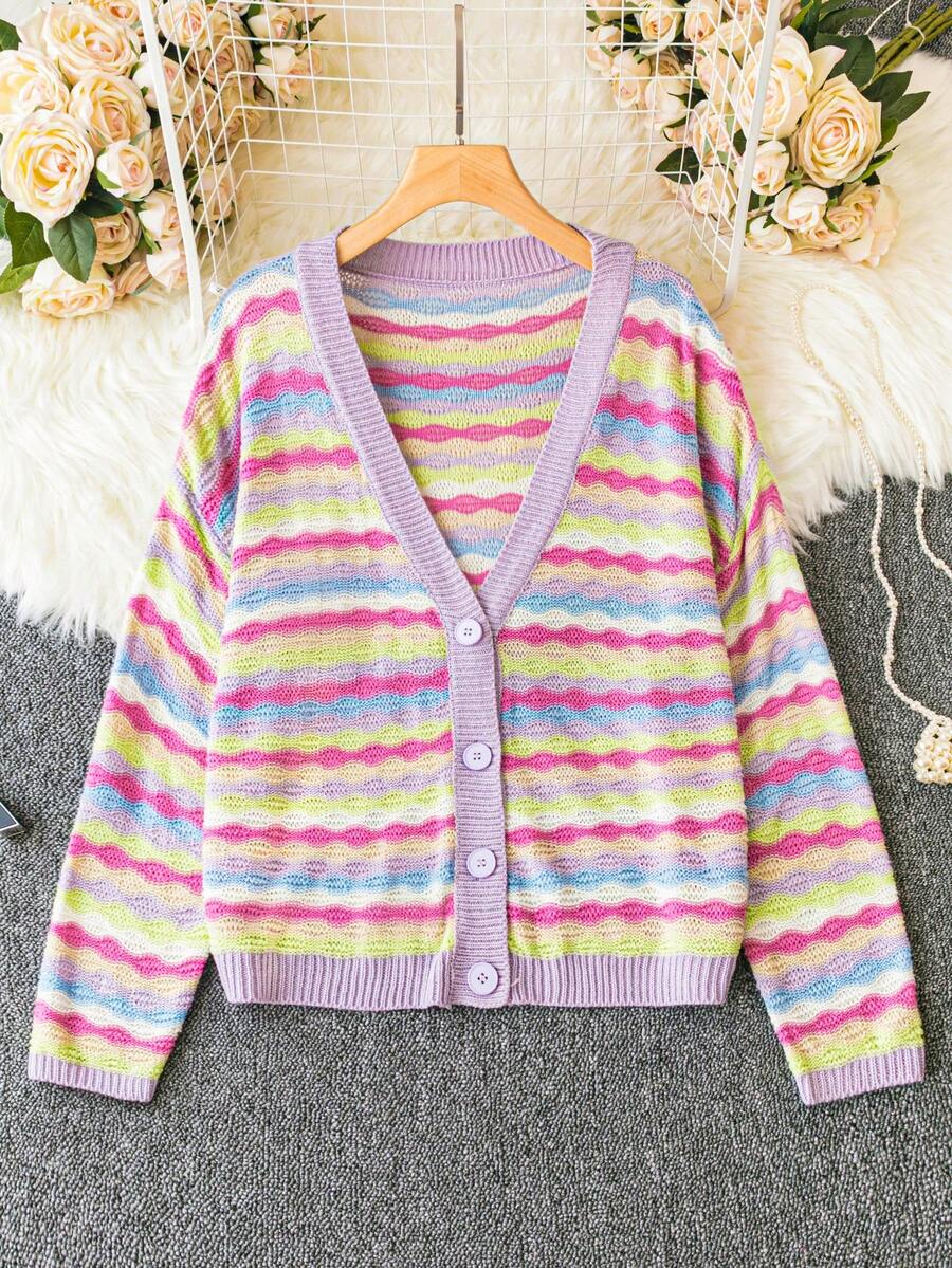 Calvaya Hơn Sọc đầy màu sắc Mẫu Thả vai Áo len Mở - Nhiều màu - Xem 1