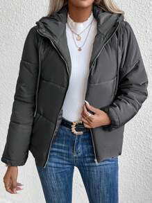 Chiquease Zip Up Drawstring Hooded Padded Padded Coat Clothes Winter - Dark Grey - View 5