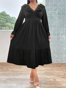 Flirla 大碼荷葉邊喇叭袖洋裝 - 黑色 - 查看 5