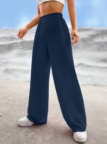 SHEIN EZwear 女士纯色优雅阔腿裤 - 藏蓝色 - 查看 3