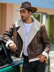 Men Teddy Lined Zip Up PU Leather Moto Jacket, Fall/Winter