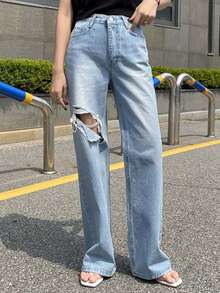 DAZY Ripped Straight Leg Jeans - Blue - View 5