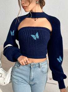 SHEIN Unity Hình Bướm Ống Knit ngọn & Siêu crop Nhún vai Áo len - Màu xanh hải quân - Xem 4