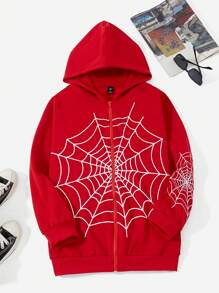SHEIN Coolane Plus Halloween Spider Web Print Zip Up Jacket - Red - View 1