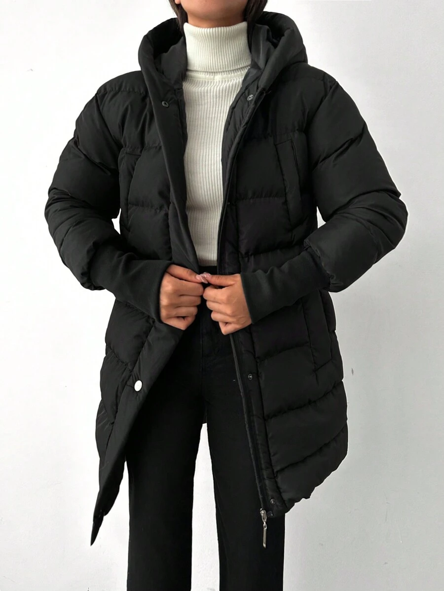 EURMUSE Solid Zip Up Hooded Puffer Coat - Black - View 1