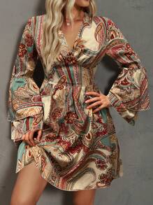 SHEIN LUNE 佩斯利印花喇叭袖洋裝 - 卡其色 - 查看 4